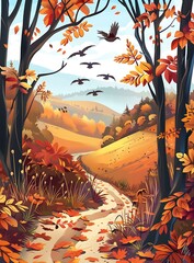 Poster - Autumn Landscape with Path and Birds in the Sky