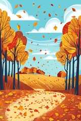 Poster - Autumn Landscape with Falling Leaves