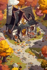 Wall Mural - Autumn Illustration of a Stone Cottage in the Woods