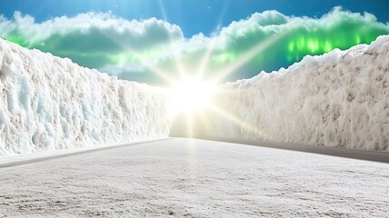 Sticker - Snowy Road With Bright Sun And Green Aurora Borealis