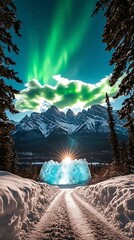 Canvas Print - Northern Lights Aurora Borealis in Mountains with Ice Tunnel