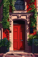 Wall Mural - Red Doorway with Ivy Vines and Stone Steps