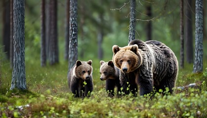 Wall Mural - Playful European brown bear cubs frolicking in the enchanting Finnish woods with their mother