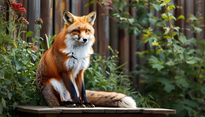 Wall Mural - Red fox relaxing on wooden patio decking surrounded by lush garden greenery