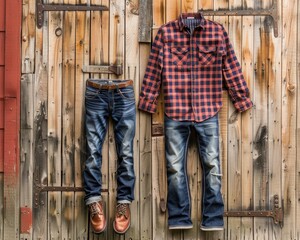 A casual outfit featuring a plaid shirt and distressed jeans displayed against a rustic wooden background.