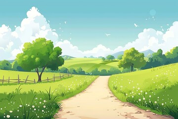 Canvas Print - Green Meadow Path With Blue Sky and White Clouds