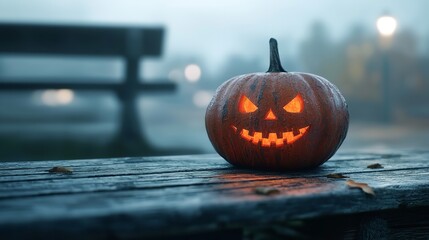 Sticker - A single Jack-o'-lantern with a menacing grin is placed on a wooden surface. The background is a misty, eerie landscape