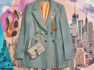 A stylish blazer with accessories set against a vibrant city skyline background, embodying a mix of modern fashion and urban lifestyle.