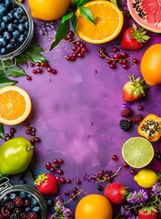 Wall Mural - Fresh Fruits and Berries on Purple Background