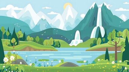 Sticker - Mountain Landscape with Waterfall and Lake