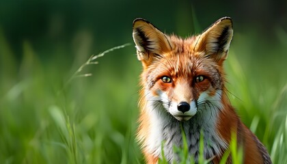 Wall Mural - Red fox lounging on lush green grass during a sunny summer day