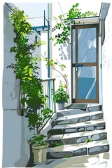 Canvas Print - Illustration of Stone Steps Leading to an Entrance Door with Greenery