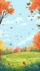 Wall Mural - Autumn Landscape with Falling Leaves and Green Grass