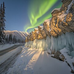 Sticker - Aurora Borealis Over Snow Covered Mountains and Icicles