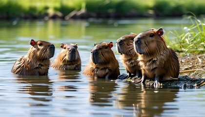 Wall Mural - Capybaras Relaxing in Water at Riverbank