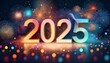 © MonsterJew - Festive illustration for happy new year 2025 with colorful numbers for the year 2025 over background full of particles of different colors