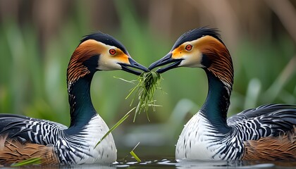 Wall Mural - Northern gannets exchanging grasses in a display of close nest-building bonding rituals