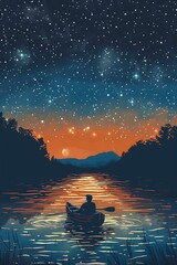 Poster - Starry Night Kayaking Lake Silhouette