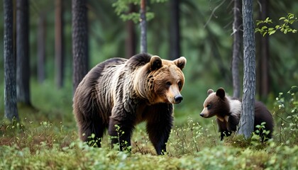 Wall Mural - Playful European brown bear cubs frolicking in the enchanting Finnish woods with their mother