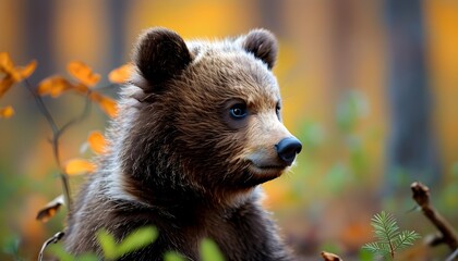 Wall Mural - Adorable Eurasian Brown bear cub surrounded by vibrant autumn foliage in a serene forest