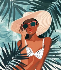 Canvas Print - Summer Fashion Illustration of a Black Woman Wearing a Hat and Sunglasses