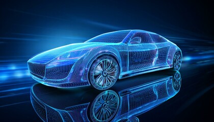 An automotive outline and blueprint lines surrounding the car; blue contour lines of a car with a dark background; car and automobile design; 3D illustrated design with blue glowing lines