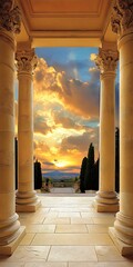 Canvas Print - Golden Sunset View Through Columns of Ancient Building