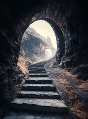 Poster - Stone Steps Leading to an Archway in a Mountain Cave