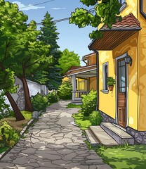 Poster - Stone Pathway Through a Green Village with Yellow Houses