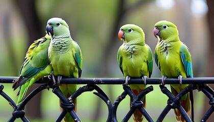 Wall Mural - Colorful Ring-necked Parakeet resting on a metal fence in a serene park setting