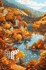 Wall Mural - Autumn Landscape With Houses And A River