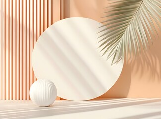 Poster - Minimalist 3D Render of White Sphere and Palm Leaf on Peach Background