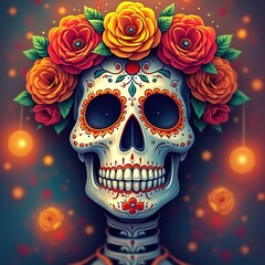 Colorful sugar skull adorned with roses and glowing lights for celebration.  El Día de Muertos