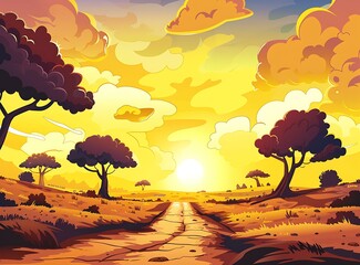 Wall Mural - Sunset Landscape with Trees and Road