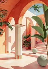 Poster - Minimalist Modern Architecture with Arches and Palm Trees