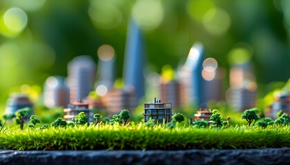 Wall Mural - Miniature cityscape surrounded by vibrant green grass and a dreamy bokeh backdrop, showcasing an ecological vision of urban harmony