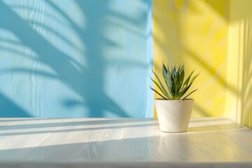 Poster - Succulent Plant in White Pot on a White Table With Blue and Yellow Background