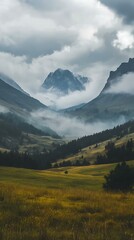 Wall Mural - Mountain Landscape with Clouds and Fog