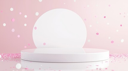 Wall Mural - White round podium pedestal cosmetic beauty product presentation empty mockup on trendy pink coral pastel background with light shadows and spring flowers minimalist flat lay backdrop top view.