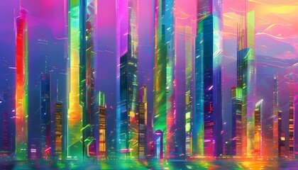 Wall Mural - Vibrant Abstract Cityscape with Glowing Skyscrapers and Energetic Streets in a Futuristic Metropolis Design