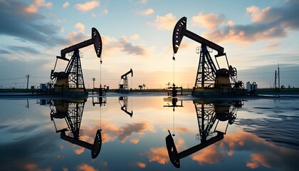 Wall Mural - Reflective oil field landscape featuring a pump jack beside tranquil waters