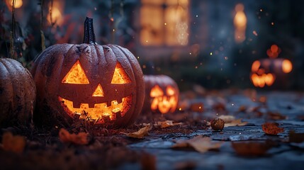 Sticker - Walking Through a Dark Cave, Candles Set Up Inside and the Pumpkin Glows on Halloween Night. Traditional Halloween Symbol