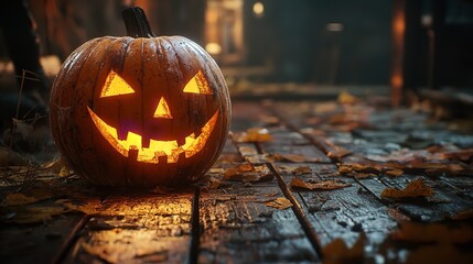 Sticker - Intricate Halloween Carved Pumpkin with Flickering Candle on Wooden Porch - Realistic and Documentary Style