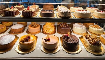 A selection of cakes on display in a bakery.