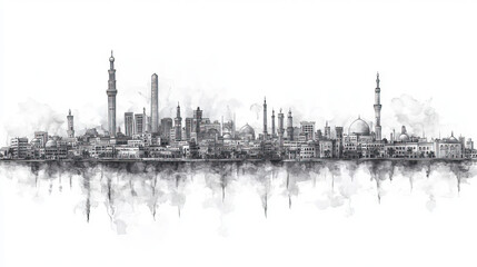 Wall Mural - Zagazig, Egypt, black and white pen pencil hand-drawn effect drawing illustration for travel poster, card, wallpaper, backdrop or banner. Modern, clear, artistic and simple