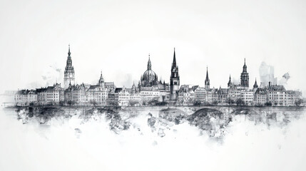 Wall Mural - Aachen, Germany, black and white pen pencil hand-drawn effect drawing illustration for travel poster, card, wallpaper, backdrop or banner. Modern, clear, artistic and simple