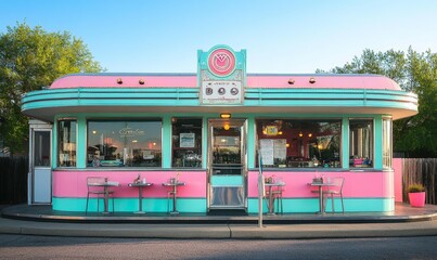 Retro diner with pink and turquoise exterior.