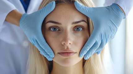 Close up portrait of young blonde woman with cosmetologyst hands in a gloves. Preparation for operation or procedure. Perfect skin spa and care