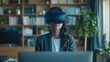 © I Am The Future - A businesswoman using a virtual reality headset for a remote meeting in a high-tech home office, showcasing a futuristic and connected atmosphere, incredibly detailed and realistic.