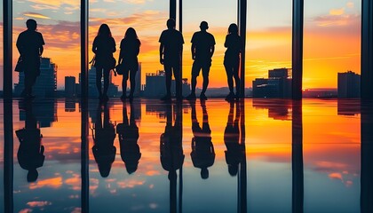 Poster - Silhouetted figures against a vibrant city skyline at sunset, reflections shimmering on a glossy modern building floor